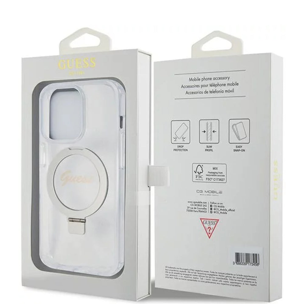 Puzdro MagSafe pre Apple iPhone 15 Pro, Guess, IML Ring Stand Glitter, Transparentné