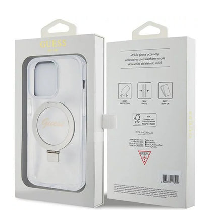 Puzdro MagSafe pre Apple iPhone 15 Pro, Guess, IML Ring Stand Glitter, Transparentné