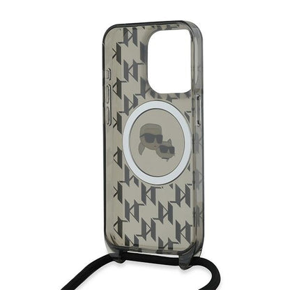Puzdro MagSafe pre Apple iPhone 15 Pro, Karl Lagerfeld, IML Crossbody Monogram Karl & Choupette's Heads, Čierne