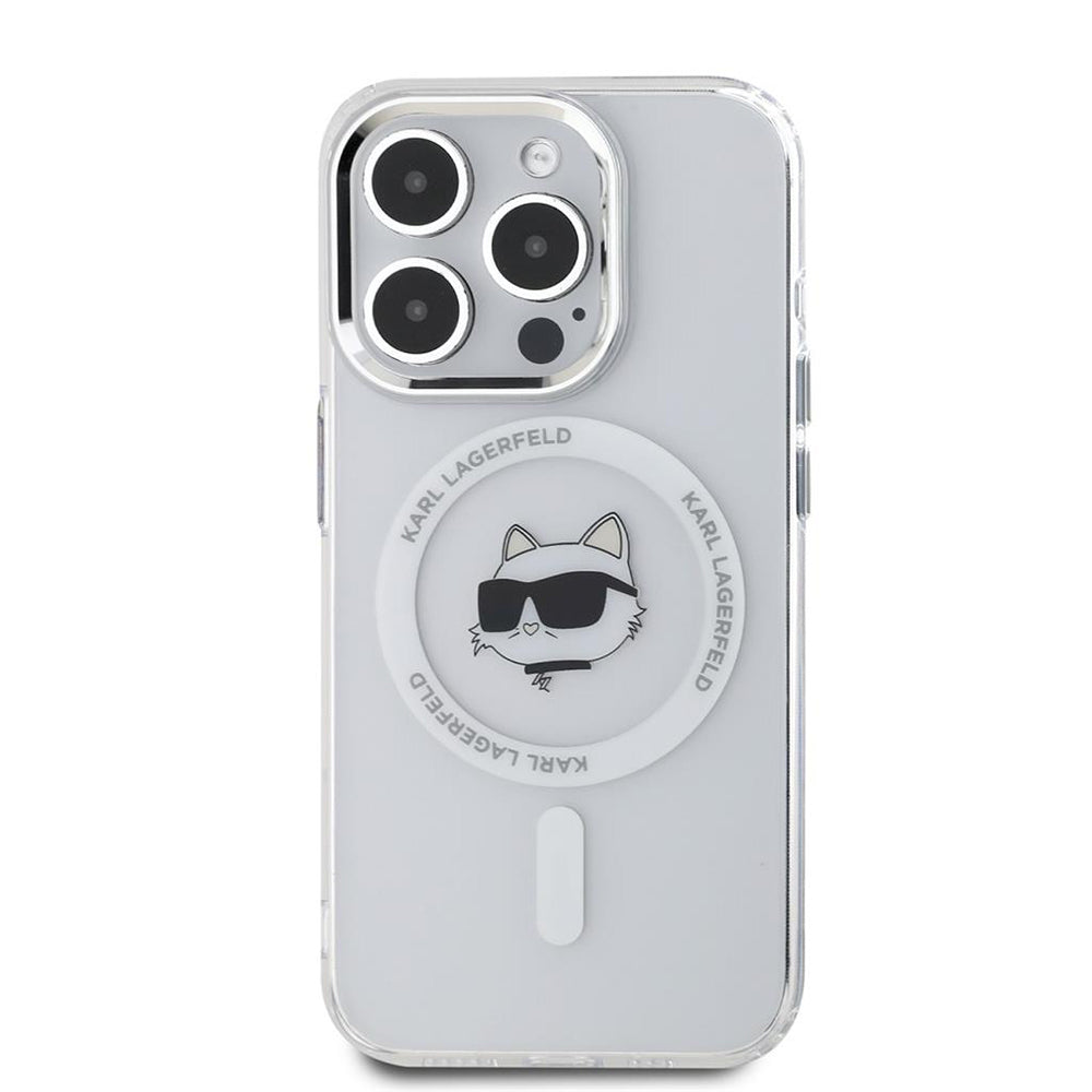 Puzdro MagSafe pre Apple iPhone 15 Pro, Karl Lagerfeld, IML Metal Choupette's Head, Biela