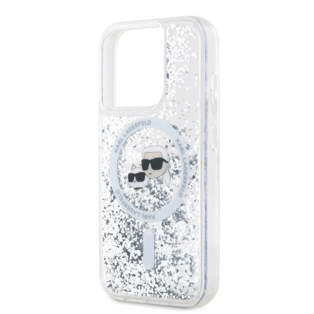 MagSafe Case for Apple iPhone 15 Pro, Karl Lagerfeld, Liquid Glitter Karl & Choupette's Heads, Transparent