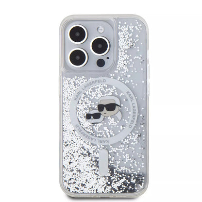 MagSafe Case for Apple iPhone 15 Pro, Karl Lagerfeld, Liquid Glitter Karl & Choupette's Heads, Transparent