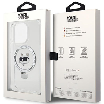 Puzdro MagSafe pre Apple iPhone 15 Pro, Karl Lagerfeld, Ring Stand Choupette's Head, Biela