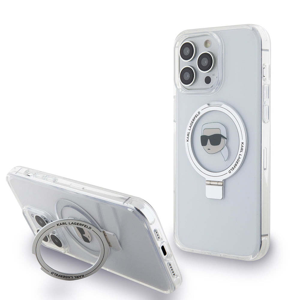 Puzdro MagSafe pre Apple iPhone 15 Pro, Karl Lagerfeld, Ring Stand Karl's Head, Biela