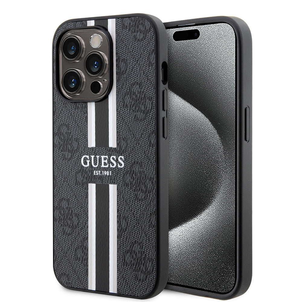 Puzdro MagSafe pre Apple iPhone 15 Pro Max, Guess, 4G Printed Stripes, Čierne