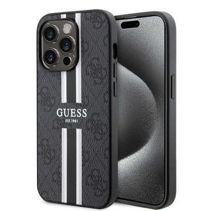 Puzdro MagSafe pre Apple iPhone 15 Pro Max, Guess, 4G Printed Stripes, Čierne