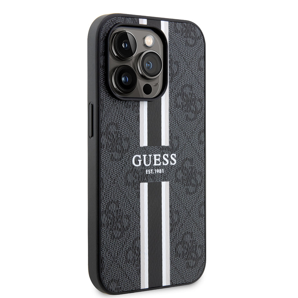 Puzdro MagSafe pre Apple iPhone 15 Pro Max, Guess, 4G Printed Stripes, Čierne
