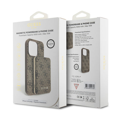 Puzdro MagSafe pre Apple iPhone 15 Pro Max, Guess, Powerbank 4G Metal Logo, Hnedé