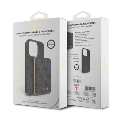 Puzdro MagSafe pre Apple iPhone 15 Pro Max, Guess, Powerbank 4G Metal Logo, Čierne