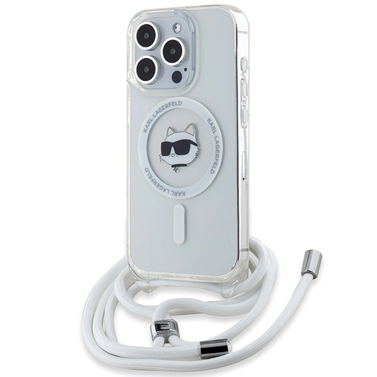 Puzdro MagSafe pre Apple iPhone 15 Pro Max, Karl Lagerfeld, IML Crossbody Choupette's Head with Strap, Transparentné