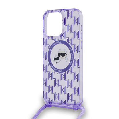 MagSafe Case for Apple iPhone 15 Pro Max, Karl Lagerfeld, IML Crossbody Monogram Karl & Choupette's Heads, Purple
