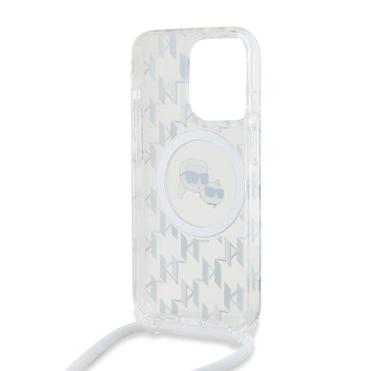 Puzdro MagSafe pre Apple iPhone 15 Pro Max, Karl Lagerfeld, IML Crossbody Monogram Karl & Choupette's Heads, Transparentné