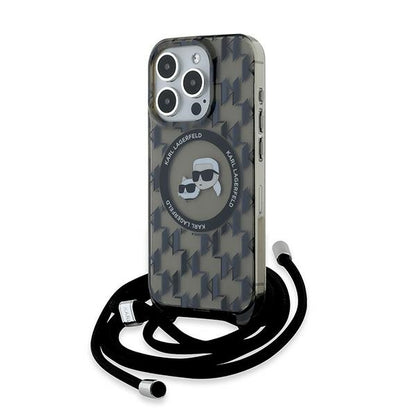 Puzdro MagSafe pre Apple iPhone 15 Pro Max, Karl Lagerfeld, IML Crossbody Monogram Karl & Choupette's Heads, Čierne