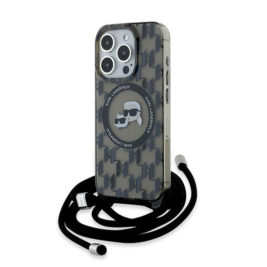 Puzdro MagSafe pre Apple iPhone 15 Pro Max, Karl Lagerfeld, IML Crossbody Monogram Karl & Choupette's Heads, Čierne