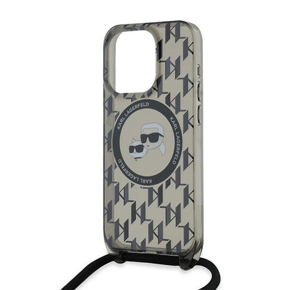 Puzdro MagSafe pre Apple iPhone 15 Pro Max, Karl Lagerfeld, IML Crossbody Monogram Karl & Choupette's Heads, Čierne