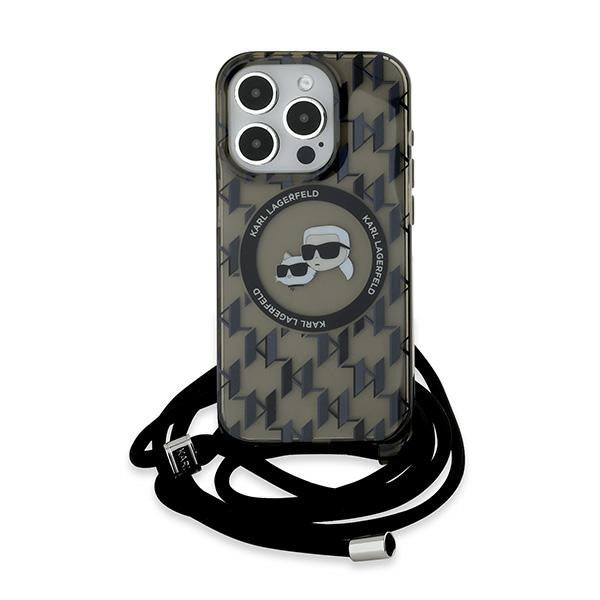 Puzdro MagSafe pre Apple iPhone 15 Pro Max, Karl Lagerfeld, IML Crossbody Monogram Karl & Choupette's Heads, Čierne