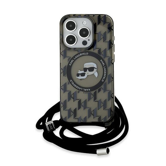 Puzdro MagSafe pre Apple iPhone 15 Pro Max, Karl Lagerfeld, IML Crossbody Monogram Karl & Choupette's Heads, Čierne