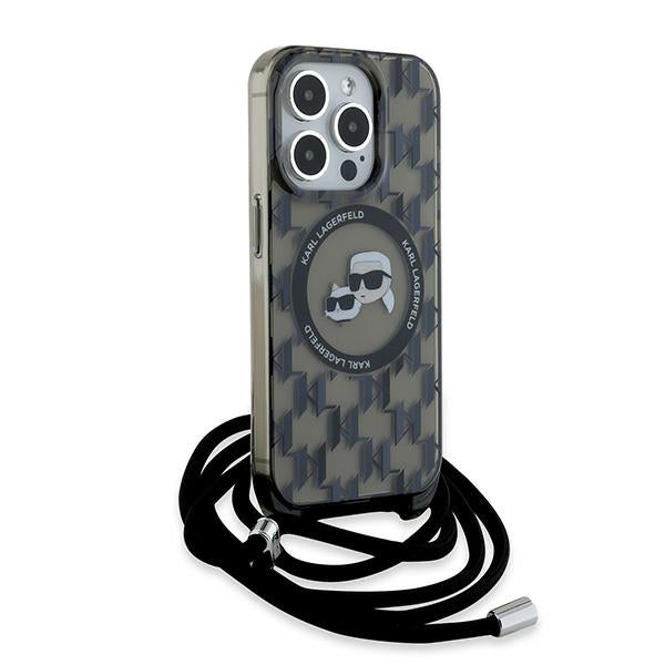 Puzdro MagSafe pre Apple iPhone 15 Pro Max, Karl Lagerfeld, IML Crossbody Monogram Karl & Choupette's Heads, Čierne