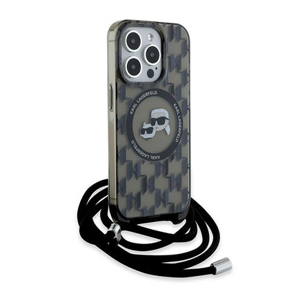 Puzdro MagSafe pre Apple iPhone 15 Pro Max, Karl Lagerfeld, IML Crossbody Monogram Karl & Choupette's Heads, Čierne