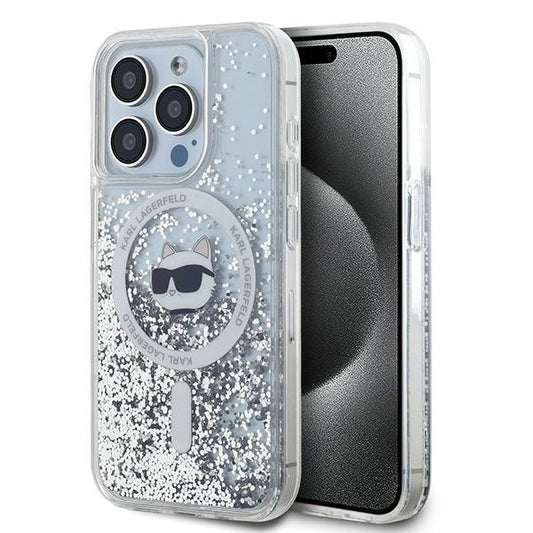 Puzdro MagSafe pre Apple iPhone 15 Pro Max, Karl Lagerfeld, Liquid Glitter Choupette Head, Transparentné