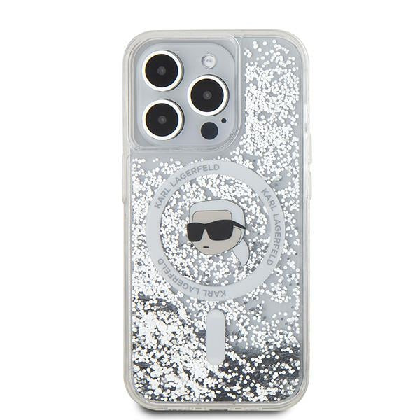 Puzdro MagSafe pre Apple iPhone 15 Pro Max, Karl Lagerfeld, Liquid Glitter Karl's Head, Transparentné