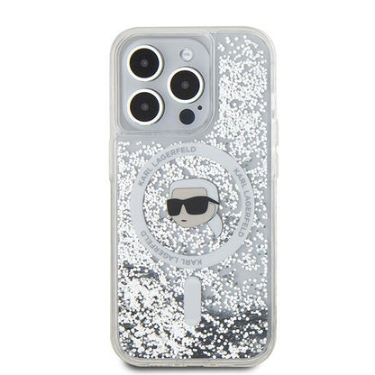 Puzdro MagSafe pre Apple iPhone 15 Pro Max, Karl Lagerfeld, Liquid Glitter Karl's Head, Transparentné