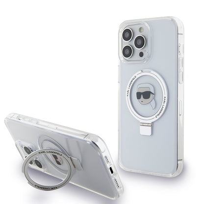 Puzdro MagSafe pre Apple iPhone 15 Pro Max, Karl Lagerfeld, Ring Stand Karl's Head, Biela