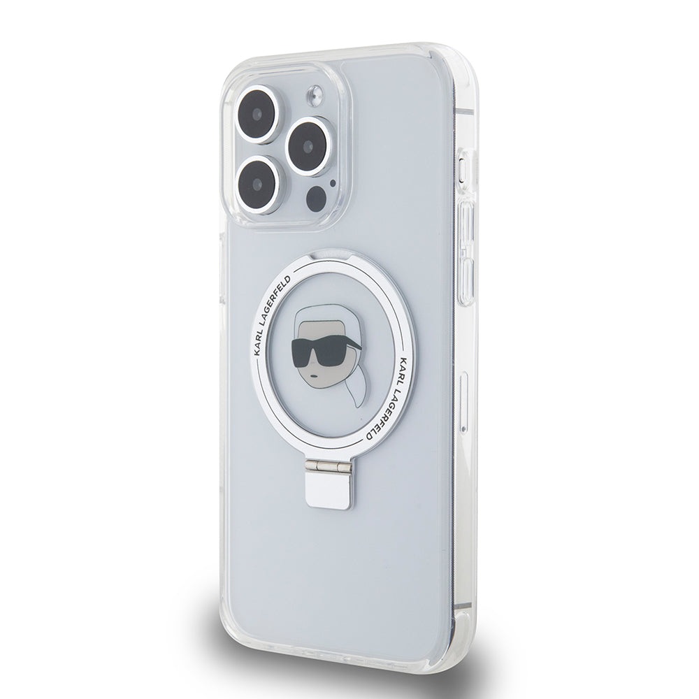 Puzdro MagSafe pre Apple iPhone 15 Pro Max, Karl Lagerfeld, Ring Stand Karl's Head, Biela