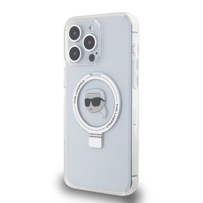 Puzdro MagSafe pre Apple iPhone 15 Pro Max, Karl Lagerfeld, Ring Stand Karl's Head, Biela