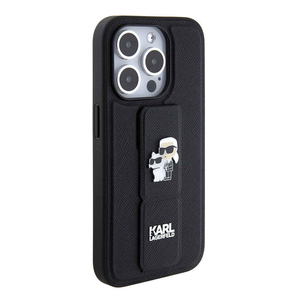 Puzdro MagSafe pre Apple iPhone 15 Pro Max, Karl Lagerfeld, Saffiano Gripstand Karl & Choupette, Čierne