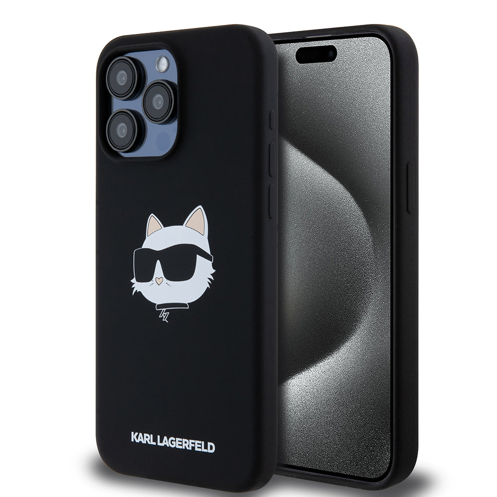 Puzdro MagSafe pre Apple iPhone 15 Pro Max, Karl Lagerfeld, Silikónová Choupette's Head, Čierna