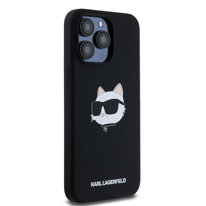 Puzdro MagSafe pre Apple iPhone 15 Pro Max, Karl Lagerfeld, Silikónová Choupette's Head, Čierna