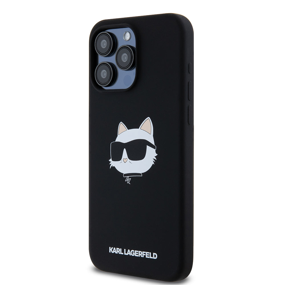Puzdro MagSafe pre Apple iPhone 15 Pro Max, Karl Lagerfeld, Silikónová Choupette's Head, Čierna