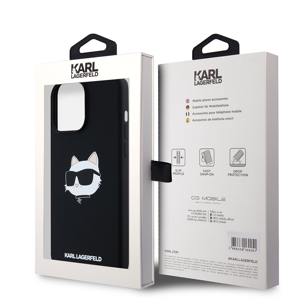 Puzdro MagSafe pre Apple iPhone 15 Pro Max, Karl Lagerfeld, Silikónová Choupette's Head, Čierna