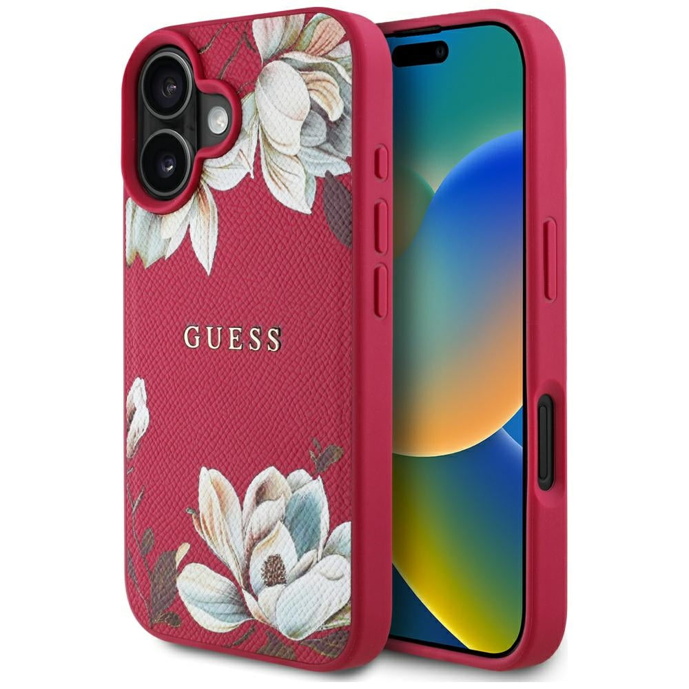 Puzdro MagSafe pre Apple iPhone 16, Guess, Grained Flowers, Fuksia