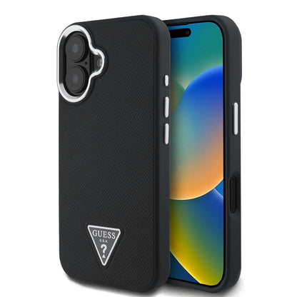 Puzdro MagSafe pre Apple iPhone 16, Guess, Grained Triangle Logo, Čierne