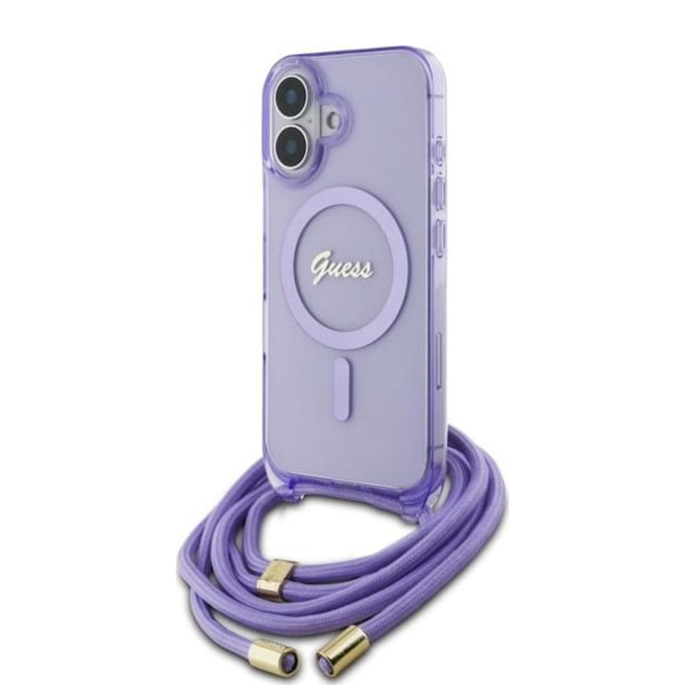 Puzdro MagSafe pre Apple iPhone 16, Guess, IML Crossbody Cord Script, Fialová