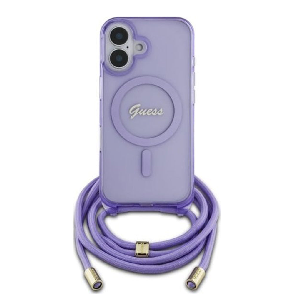 Puzdro MagSafe pre Apple iPhone 16, Guess, IML Crossbody Cord Script, Fialová