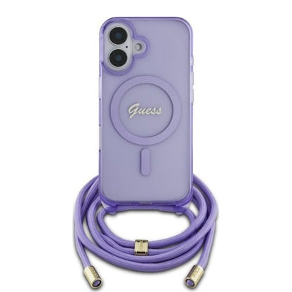 Puzdro MagSafe pre Apple iPhone 16, Guess, IML Crossbody Cord Script, Fialová