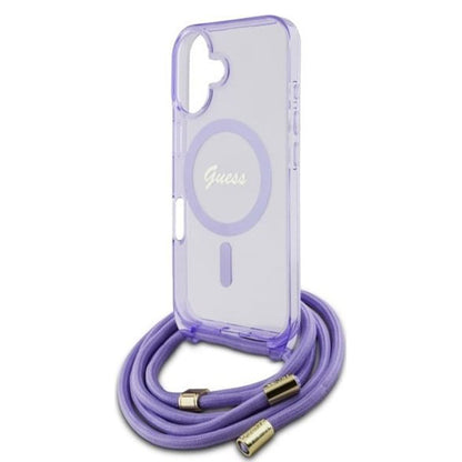 Puzdro MagSafe pre Apple iPhone 16, Guess, IML Crossbody Cord Script, Fialová