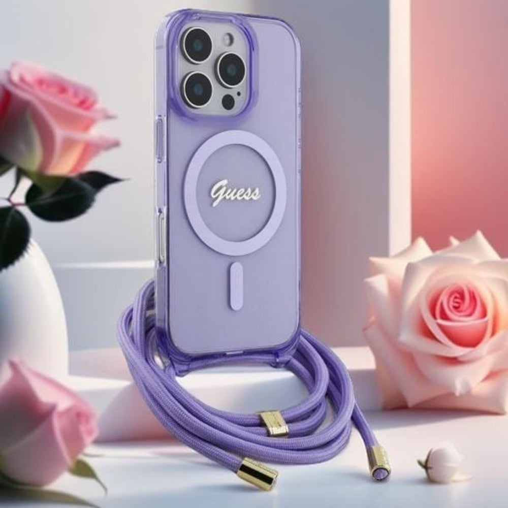 Puzdro MagSafe pre Apple iPhone 16, Guess, IML Crossbody Cord Script, Fialová