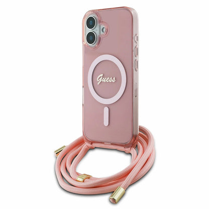 Puzdro MagSafe pre Apple iPhone 16, Guess, IML Crossbody Cord Script, Ružové