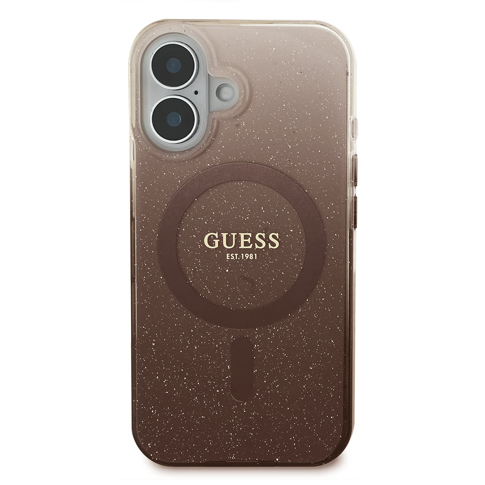 Puzdro MagSafe pre Apple iPhone 16, Guess, IML Glitter Gradient, Hnedé