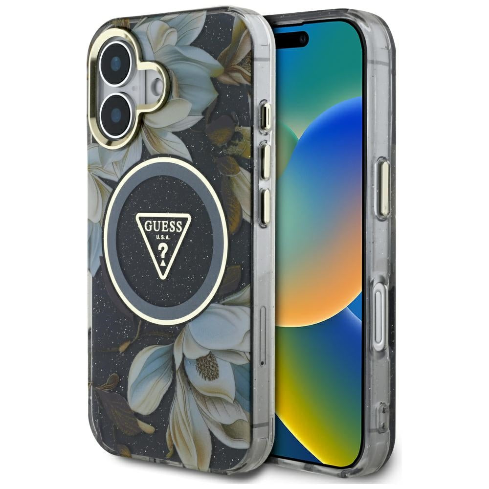 Puzdro MagSafe pre Apple iPhone 16, Guess, IML Metal Glitter Flowers Triangle, Čierne