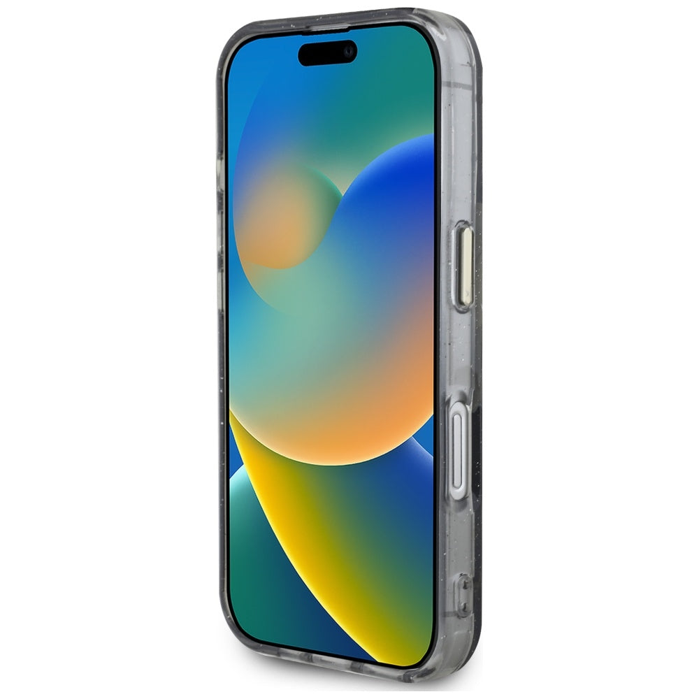 Puzdro MagSafe pre Apple iPhone 16, Guess, IML Metal Glitter Flowers Triangle, Čierne