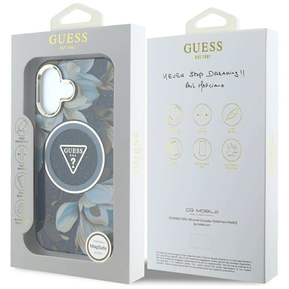 Puzdro MagSafe pre Apple iPhone 16, Guess, IML Metal Glitter Flowers Triangle, Čierne