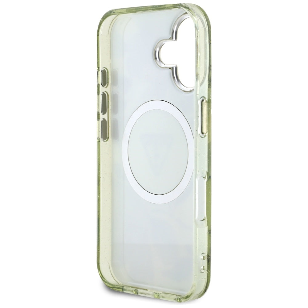 Puzdro MagSafe pre Apple iPhone 16, Guess, IML Metal Glitter Flowers Triangle, Zelená