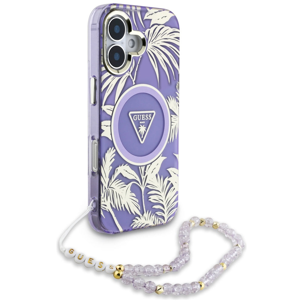 Puzdro MagSafe pre Apple iPhone 16, Guess, IML Palm Trees Triangle with Pearl Strap, Fialové