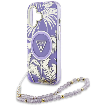 Puzdro MagSafe pre Apple iPhone 16, Guess, IML Palm Trees Triangle with Pearl Strap, Fialové