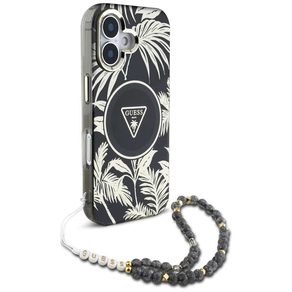 Puzdro MagSafe pre Apple iPhone 16, Guess, IML Palm Trees Triangle with Pearl Strap, Čierne